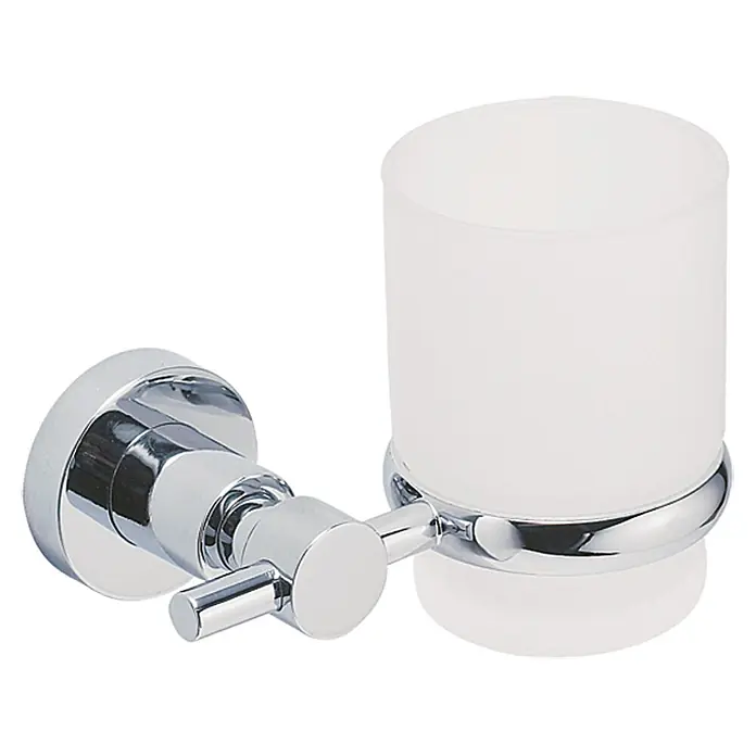 Tesa Soporte para vaso LO145 - Redonda, Cromado - Soporte de pared para cepillos de dientes con soporte cromado y vaso de vidrio esmerilado para baño.