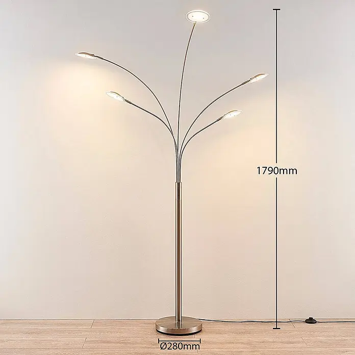 Lindby LED Stehlampe Wohnzimmer in nickel matt, weiß, Stehleuchte -  - Moderne Stehleuchte aus Metall mit Uplighter und vier verstellbaren Leselampen. Maße: 1790 mm hoch, Basis Ø280 mm.