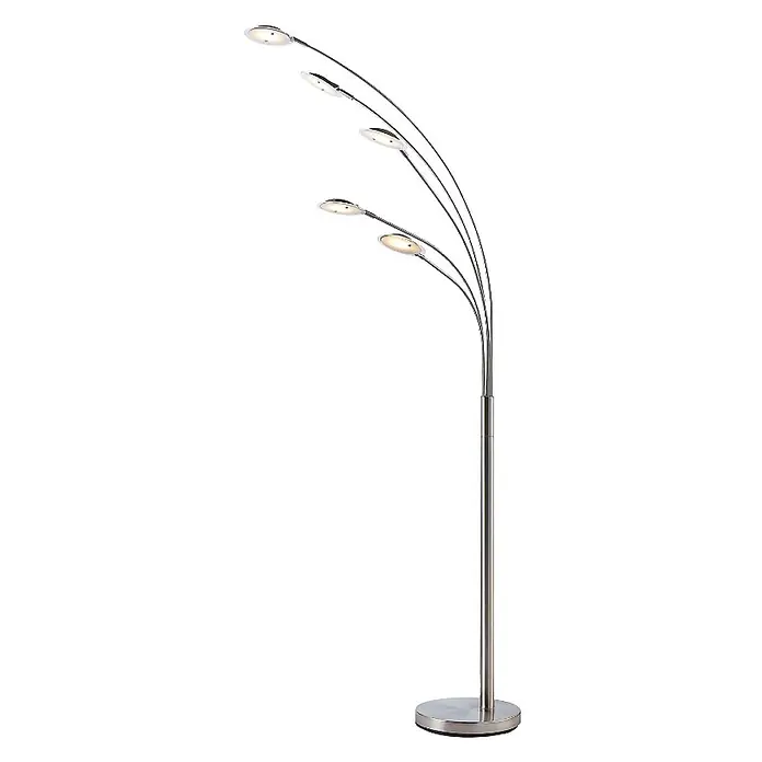 Lindby LED Stehlampe Wohnzimmer in nickel matt, weiß, Stehleuchte -  - Verchromte Stehleuchte mit fünf gebogenen Armen, die jeweils in einer scheibenförmigen LED-Leuchte enden, und rundem Sockel.
