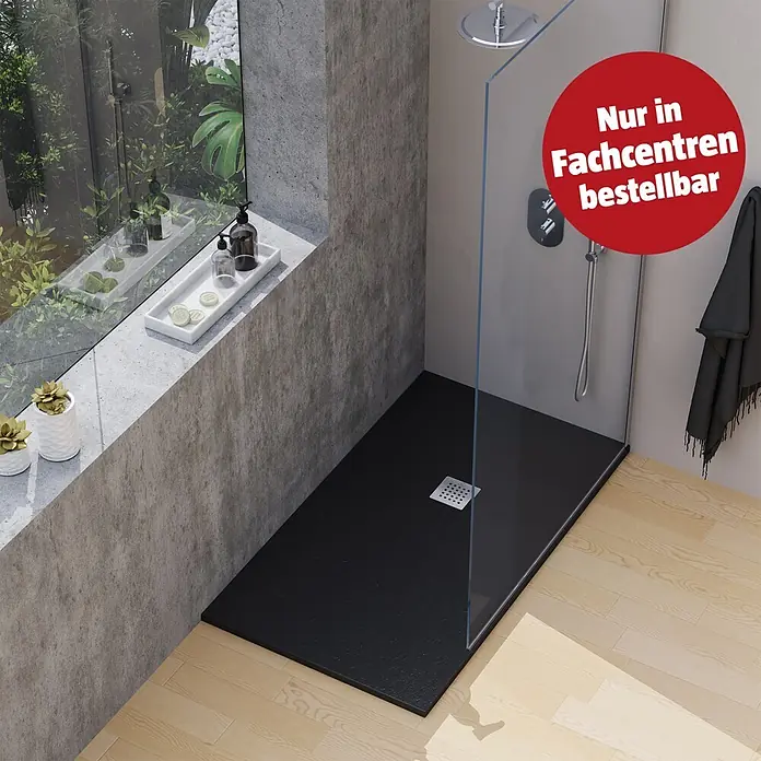 Camargue Duschwanne Brooklyn - L x B: 120 x 90 cm, Mineralguss, Schwarz - Schwarze, strukturierte Duschwanne in einem modernen Badezimmer mit Glasabtrennung.