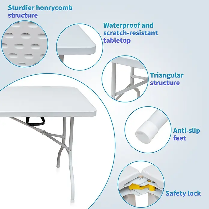 SONNENH Campingtisch - L x B x H: 180,34 x 73,66 x 73,66 cm, Eisen, Kunststoff, Weiß, Klappbar - Weißer Klapptisch mit Wabenstruktur, wasserfester Platte, Dreieck-Beinen, rutschfesten Füßen und Sicherheitsverriegelung.