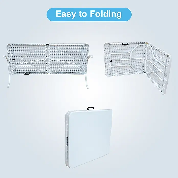 SONNENH Campingtisch - L x B x H: 180,34 x 73,66 x 73,66 cm, Eisen, Kunststoff, Weiß, Klappbar - Weißer Klapptisch, aufgeklappt, teilweise zusammengeklappt und komplett zusammengeklappt mit Tragegriff für einfachen Transport.