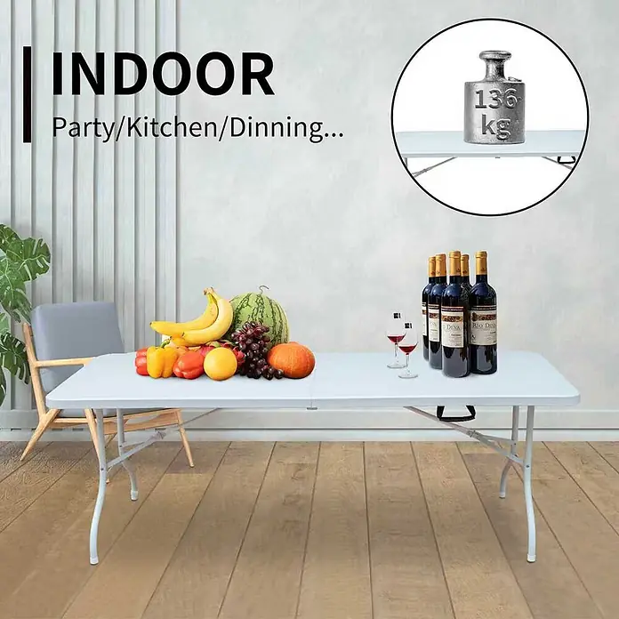 SONNENH Campingtisch - L x B x H: 180,34 x 73,66 x 73,66 cm, Eisen, Kunststoff, Weiß, Klappbar - Weißer Klapptisch, innen mit Essen und Getränken dekoriert, zeigt 136 kg Tragfähigkeit.