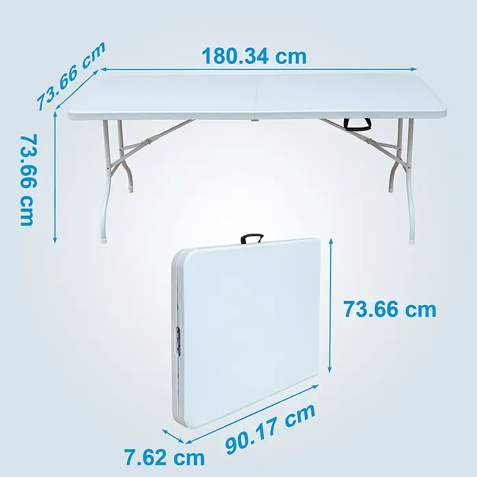 SONNENH Campingtisch - L x B x H: 180,34 x 73,66 x 73,66 cm, Eisen, Kunststoff, Weiß, Klappbar - Weißer Klapptisch, aufgeklappt mit Abmessungen und zusammengeklappt für Lagerung/Transport mit Maßen dargestellt.