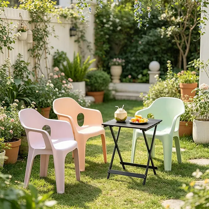 SONNENH Balkontisch klappbar 50,5 x 46,5 x 60 cm Schwarz aus Aluminium -  - Drei farbenfrohe Kunststoff-Gartenstühle (rosa, pfirsichfarben, grün) und ein schwarzer Klapptisch in einer sonnigen Outdoor-Umgebung mit Erfrischungen.