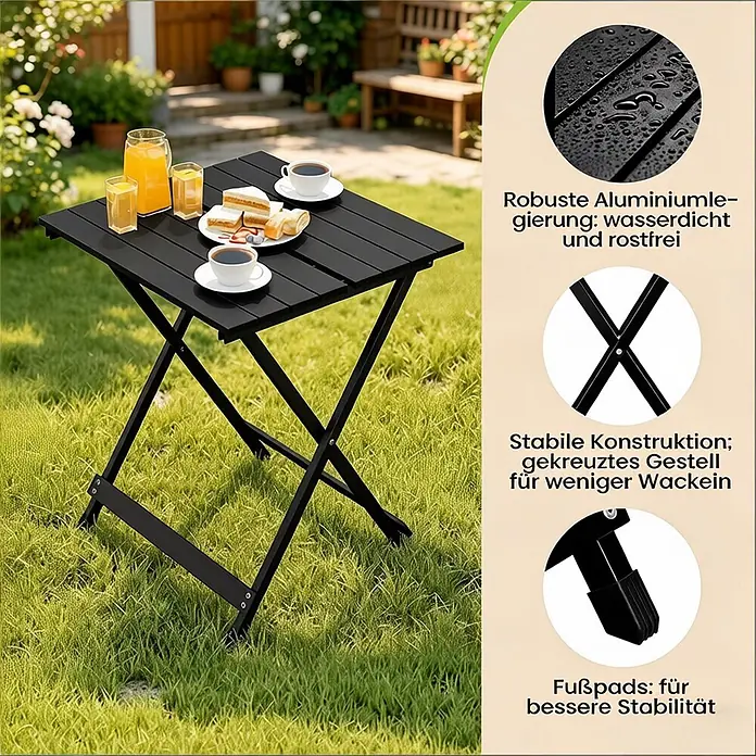 SONNENH Balkontisch klappbar 50,5 x 46,5 x 60 cm Schwarz aus Aluminium -  - Schwarzer klappbarer Gartentisch aus Aluminiumlegierung im Garten, mit Getränken und Kuchen gedeckt.