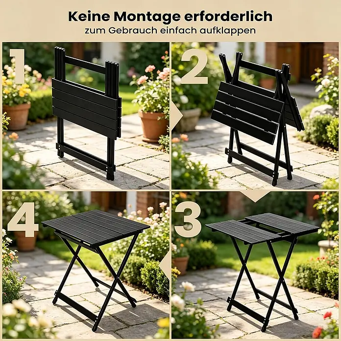 SONNENH Balkontisch klappbar 50,5 x 46,5 x 60 cm Schwarz aus Aluminium -  - Schwarzer Lamellen-Klapptisch entfaltet sich in vier Schritten auf einer Terrasse.