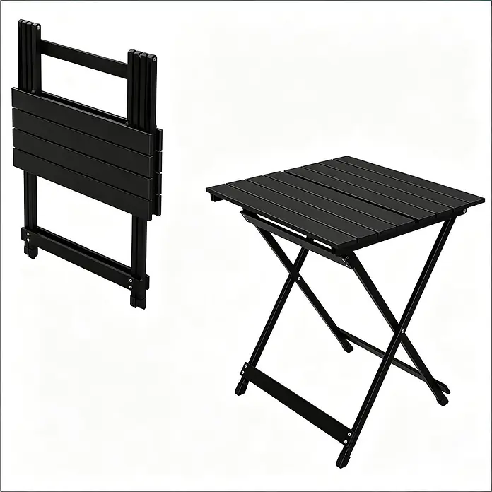 SONNENH Balkontisch klappbar 50,5 x 46,5 x 60 cm Schwarz aus Aluminium -  - Schwarzer Latten-Klapptisch, gefaltet zur Aufbewahrung und aufgeklappt zur Nutzung gezeigt.
