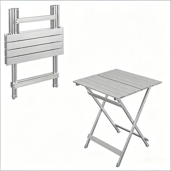 SONNENH Balkontisch klappbar 50,5 x 46,5 x 60 cm Silber aus Aluminium -  - Klapptisch aus silbernem Aluminium, zusammengeklappt und ausgeklappt dargestellt.