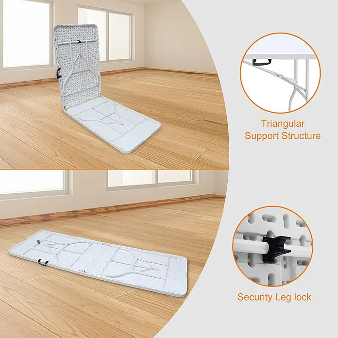 SONNENH Campingtisch - L x B x H: 243,9 x 73,6 x 73,6 cm, Eisen, Kunststoff, Weiß, Klappbar - Weißer Klapptisch aus Kunststoff, teilweise und ganz zusammengeklappt in einem leeren Raum, mit Beinabstützung und Sicherheitsverschluss.