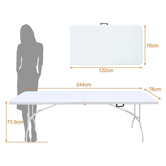 SONNENH Campingtisch - L x B x H: 243,9 x 73,6 x 73,6 cm, Eisen, Kunststoff, Weiß, Klappbar - Weißer Klapptisch, gefaltet und ausgeklappt mit Maßen. Eine Personensilhouette zeigt die Größe an.
