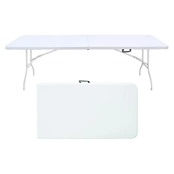 SONNENH Campingtisch - L x B x H: 243,9 x 73,6 x 73,6 cm, Eisen, Kunststoff, Weiß, Klappbar - Weißer Klapptisch, aufgeklappt mit ausgefahrenen Beinen und zusammengeklappt für Transport mit Tragegriff.
