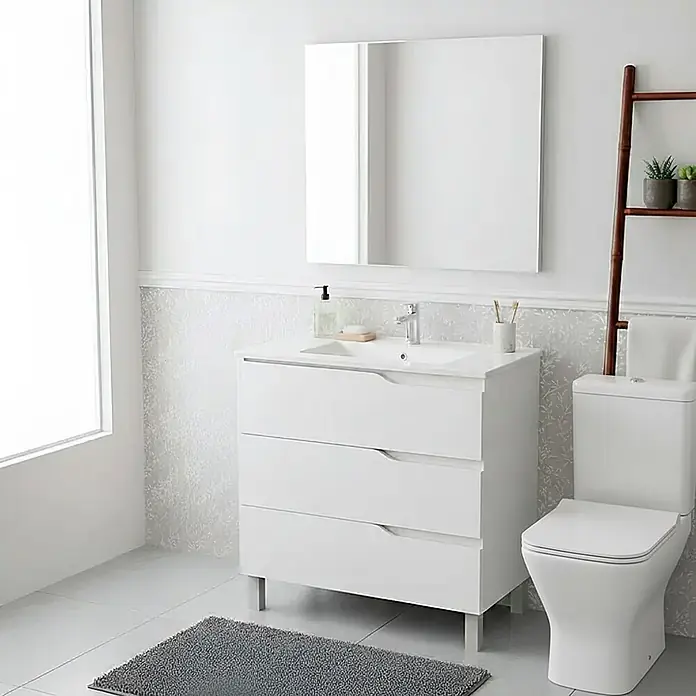 Conjunto de mueble de baño Riva con pack de wc Lura -  - Baño moderno blanco con mueble de lavabo, lavabo integrado y inodoro. Diseño limpio y funcional.
