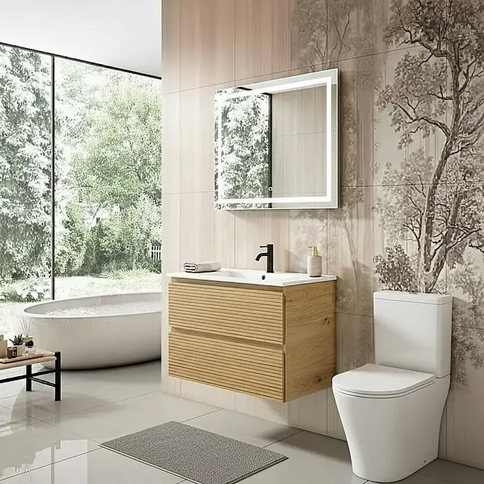 Conjunto de mueble de baño Naomi con pack wc Viena -  - Mueble de baño flotante de madera clara con cajones laminados, lavabo blanco, grifo negro y espejo iluminado.