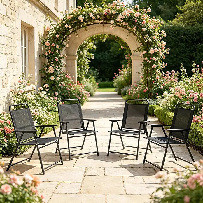SONNENH Garten-Klappstühle, 4er-Set, mit Armlehnen, Schwarz -  - Vier schwarze Klappstühle auf einer gepflasterten Terrasse, umgeben von blühenden Rosen, ideal für den Garten.
