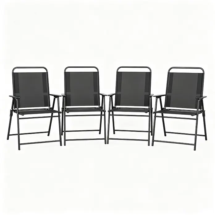 SONNENH Garten-Klappstühle, 4er-Set, mit Armlehnen, Schwarz -  - Vier schwarze Klappgartenstühle mit Metallrahmen und Stoffbezug für Sitz und Rückenlehne, für den Außenbereich.