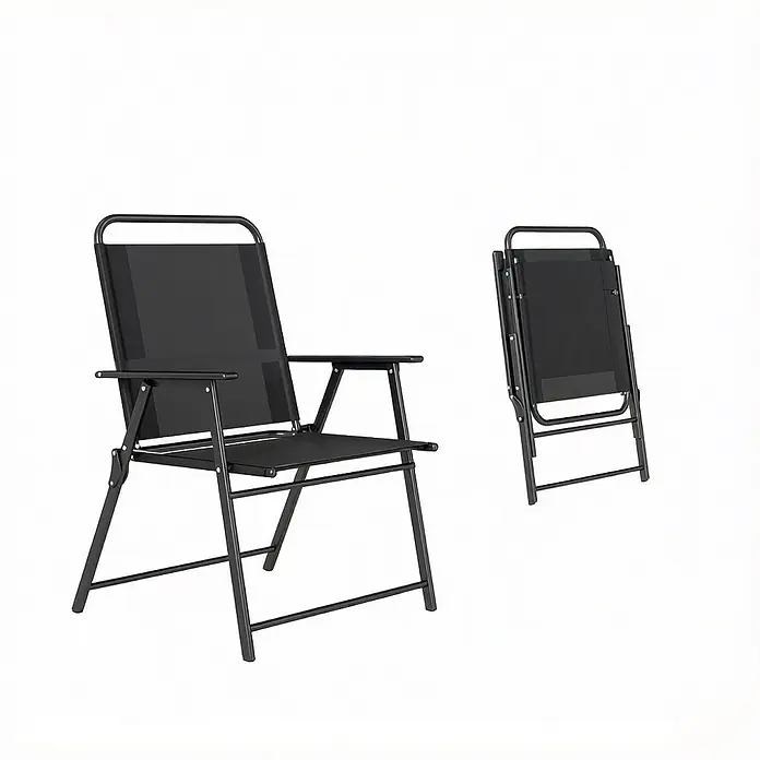 SONNENH Garten-Klappstühle, 4er-Set, mit Armlehnen, Schwarz -  - Zwei schwarze Klappstühle: einer offen, einer gefaltet, zur Platzersparnis.