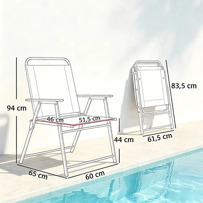 SONNENH Garten-Klappstühle, 4er-Set, mit Armlehnen, Schwarz -  - Maße eines geöffneten und eines zusammengeklappten Outdoor-Stuhls werden am Pool angezeigt.