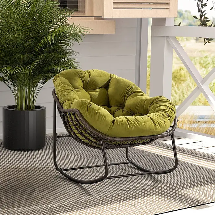 SONNENH Garten-Loungesessel - 20 Stk., Stahl, Rückenlehne verstellbar, Olivgrün, B x T x H: 78 x 106 x 90 cm - Grün gepolsterter Papasan-Sessel mit braunem Geflechtrahmen und dunklem Metallgestell auf einer Außenterrasse.