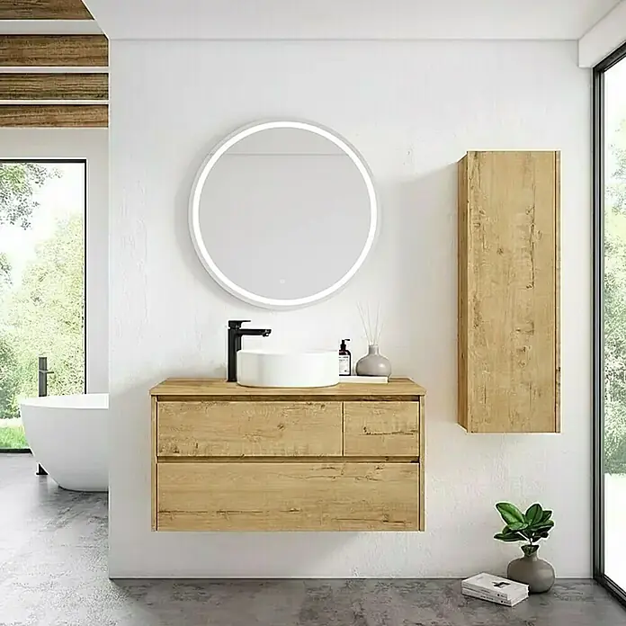 Conjunto de mueble de baño Emma -  - Mueble de baño flotante de madera con lavabo blanco, grifo negro y espejo redondo iluminado, acompañado de un armario alto a juego.
