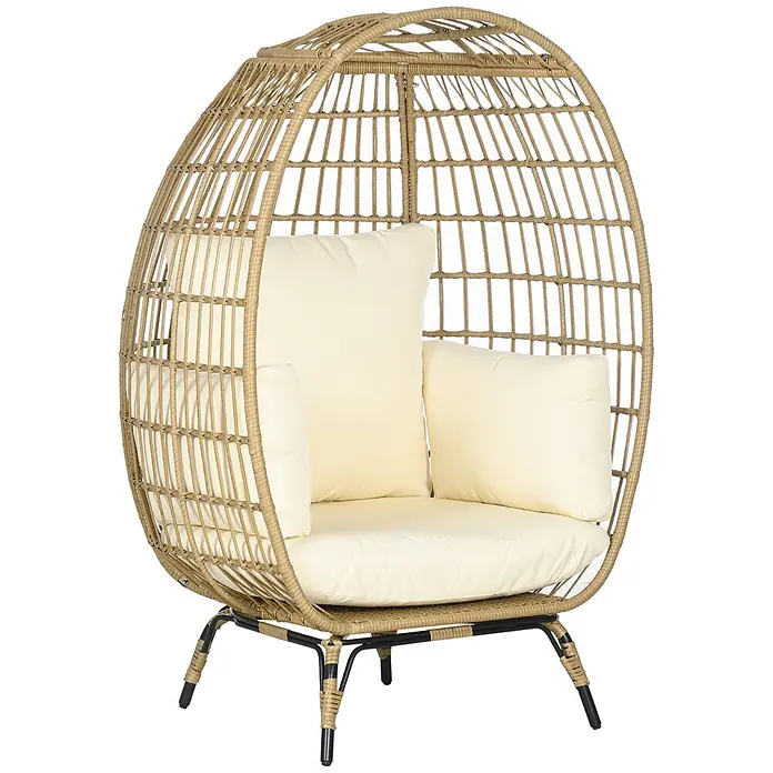 SONNENH Garten-Loungesessel - 1 Stk., Stahl, Khaki, B x T x H: 105 x 97 x 150 cm - Eiförmiger hellbrauner geflochtener Rattan-Loungesessel mit cremefarbenen Kissen auf schwarzem Metallgestell.