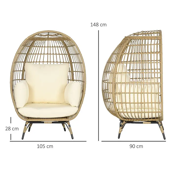 SONNENH Garten-Loungesessel - 1 Stk., Stahl, Khaki, B x T x H: 105 x 97 x 150 cm - Beiger Rattan-Look Eiersessel mit cremefarbenen Kissen, ideal für komfortables Entspannen innen oder außen.