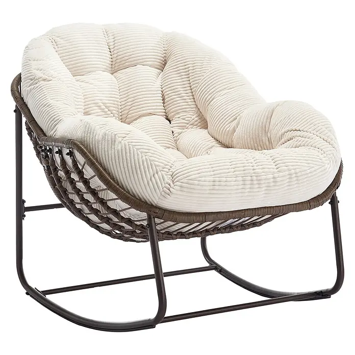 SONNENH Garten-Loungesessel - 10 Stk., Stahl, Weiß, B x T x H: 78 x 106 x 90 cm - Gemütlicher Schaukelstuhl mit cremefarbenem Cordkissen und braunem Rattanrahmen auf dunklem Metallfuß.