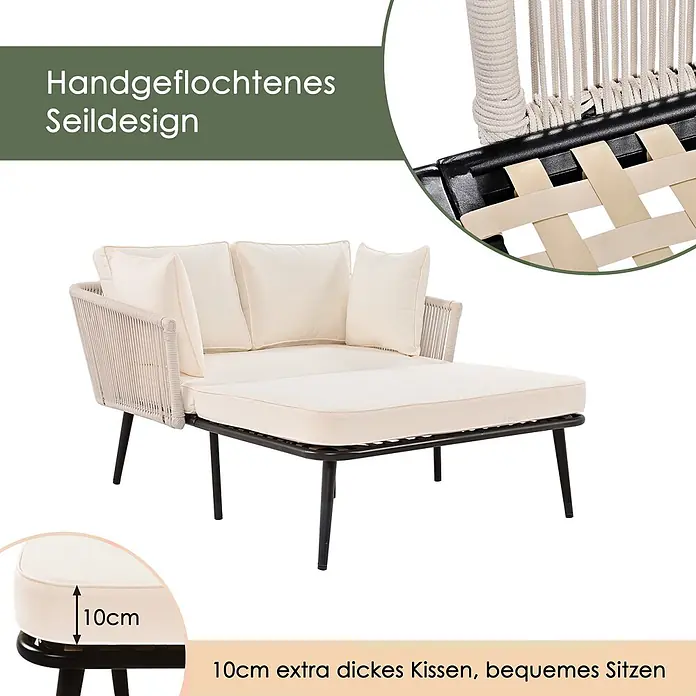 SONNENH Garten-Loungesessel - 1 Stk., Polyester, Beige - Cremefarbene Outdoor-Liege mit handgeflochtenem Seildesign und 10 cm dicken Kissen.