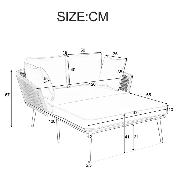 SONNENH Garten-Loungesessel - 1 Stk., Polyester, Beige - Maßzeichnung eines Tagesbetts mit Kissen, alle Maße in Zentimetern.