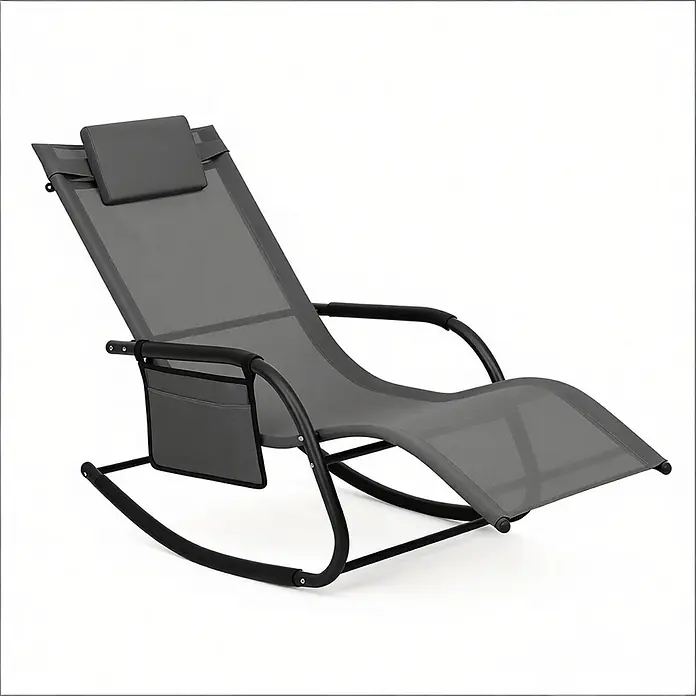 SONNENH Garten-Schaukelstuhl - 1 Stk., Metall, Polyester, Grau, B x T x H: 152 x 62 x 83 cm - Graue Schaukelliege mit schwarzem Metallrahmen, Kopfstütze und seitlicher Aufbewahrungstasche.