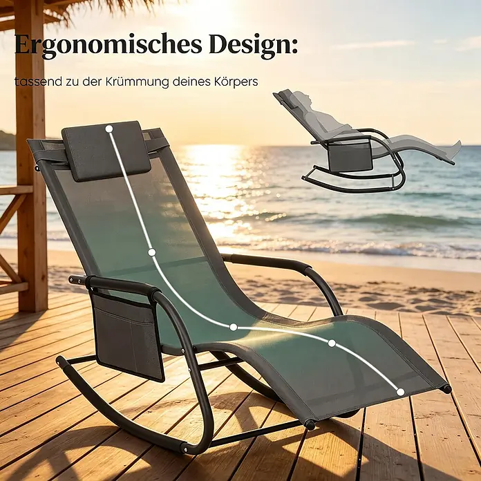 SONNENH Garten-Schaukelstuhl - 1 Stk., Metall, Polyester, Grau, B x T x H: 152 x 62 x 83 cm - Ergonomische dunkelgrüne Netz-Schaukelliege mit Kopfstütze und Seitentasche, die sich den Körperkurven anpasst, auf einer Strandterrasse.