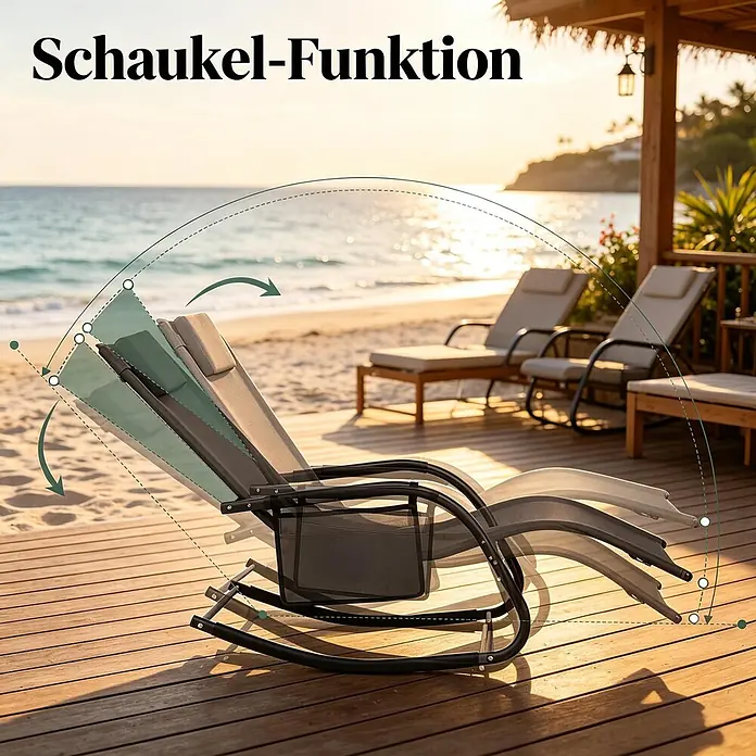 SONNENH Garten-Schaukelstuhl - 1 Stk., Metall, Polyester, Grau, B x T x H: 152 x 62 x 83 cm - Graue Relaxliege mit Schaukelfunktion auf Holzterrasse am Strand, die Bewegung wird dargestellt.
