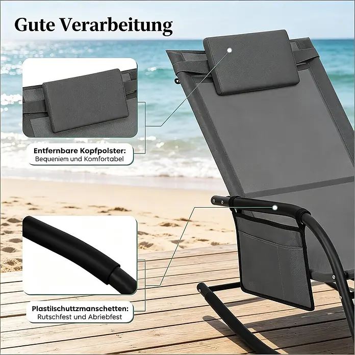 SONNENH Garten-Schaukelstuhl - 1 Stk., Metall, Polyester, Grau, B x T x H: 152 x 62 x 83 cm - Ein dunkelgrauer Schaukelstuhl mit abnehmbarer Kopfstütze, Seitentasche und Schutzmanschetten, auf einem Stranddeck.