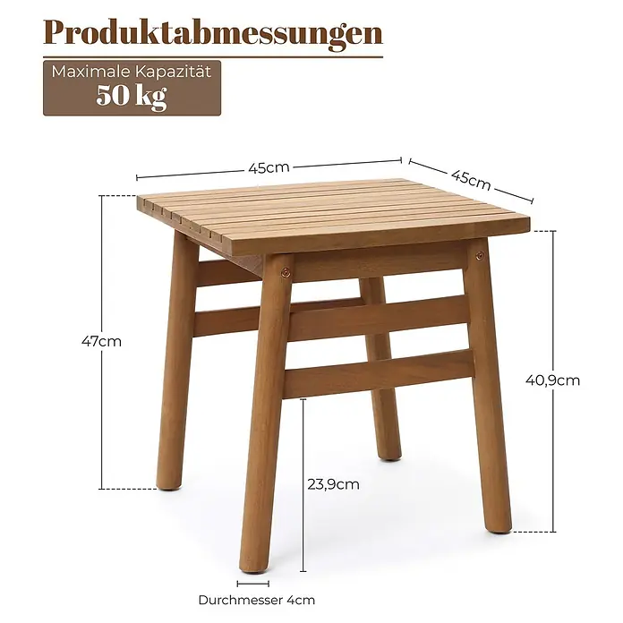 Hometopia Garten-Beistelltisch Terra - L x B x H: 45 x 45 x 47 cm, Holz, Eckig, Braun