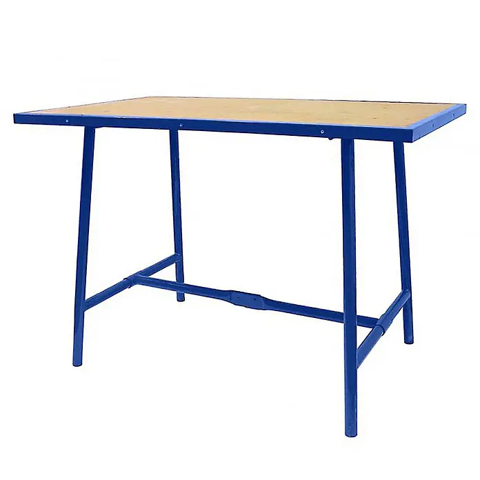 BRB Klappwerkbank - L x B: 100 x 70 cm, Arbeitshöhe: 855 mm - Blauer Metall-Arbeitstisch mit heller Holzplatte.