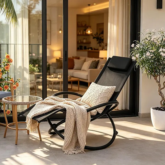 SONNENH Garten-Schaukelstuhl - 1 Stk., Metall, Textile, Schwarz, B x T x H: 143,5 x 66 x 86 cm - Schwarzer Outdoor-Liegestuhl mit cremefarbener Strickdecke und Kissen, auf einem Balkon mit Blick auf einen Wohnraum.