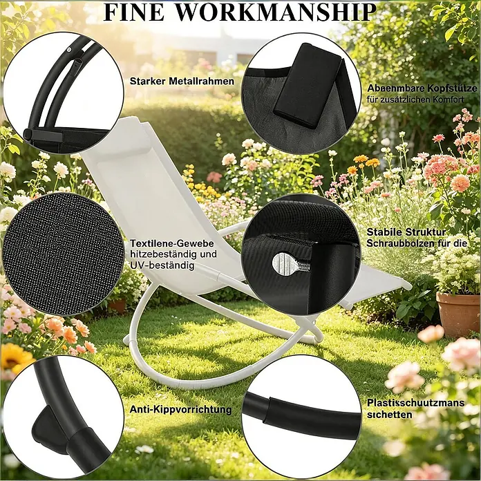 SONNENH Garten-Schaukelstuhl - 1 Stk., Metall, Textile, Schwarz, B x T x H: 143,5 x 66 x 86 cm - Ein weißer Outdoor-Liegestuhl mit schwarzem Metallrahmen in einem sonnigen Garten, der seine robuste Konstruktion und komfortablen Eigenschaften hervorhebt.