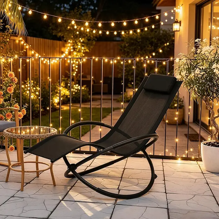 SONNENH Garten-Schaukelstuhl - 1 Stk., Metall, Textile, Schwarz, B x T x H: 143,5 x 66 x 86 cm - Schwarzer Outdoor-Schaukelstuhl aus Netzstoff auf einer Terrasse bei Nacht, von Lichterketten beleuchtet.