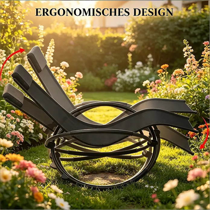 SONNENH Garten-Schaukelstuhl - 1 Stk., Metall, Textile, Schwarz, B x T x H: 143,5 x 66 x 86 cm - Dunkelgraue ergonomische Schaukelliege mit Kissen in einem sonnigen Garten.