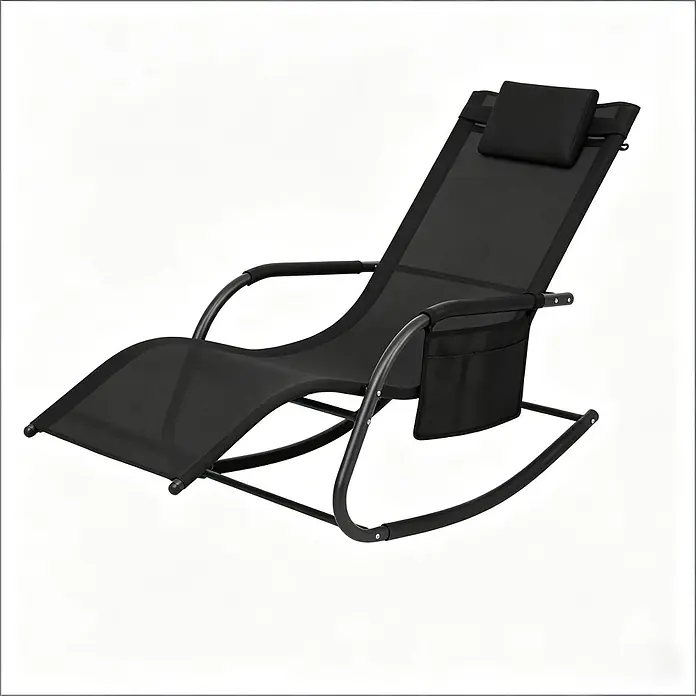 SONNENH Garten-Schaukelstuhl - 1 Stk., Metall, Polyester, Schwarz, B x T x H: 152 x 62 x 83 cm - Schwarze Schaukel-Liege mit Netzbespannung, Kopfstütze und seitlicher Tasche, ideal zur Entspannung.