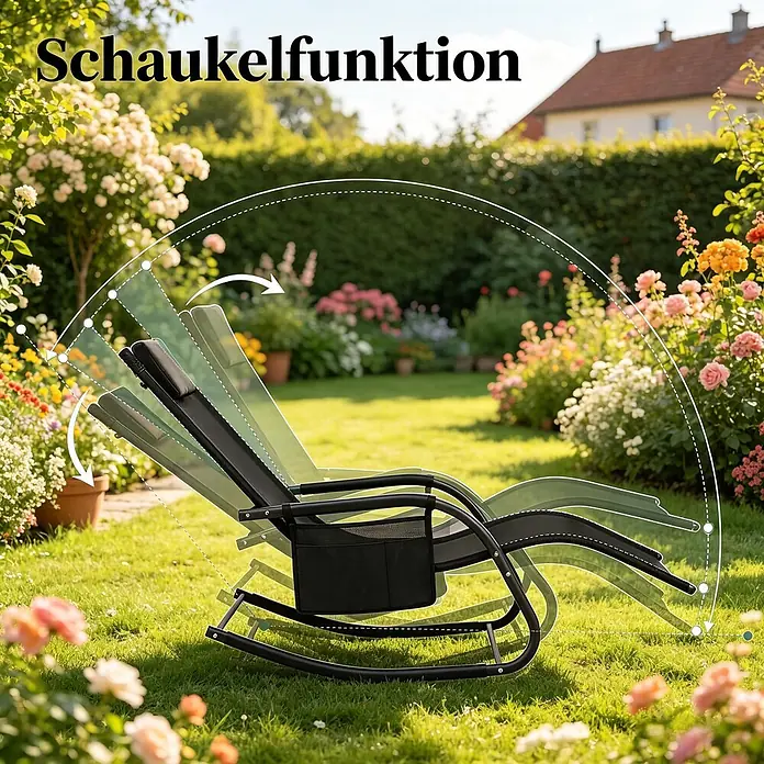 SONNENH Garten-Schaukelstuhl - 1 Stk., Metall, Polyester, Schwarz, B x T x H: 152 x 62 x 83 cm - Schwarze Zero-Gravity Gartenliege, ihre Schaukelfunktion wird mit Grafik-Overlay im Garten gezeigt.
