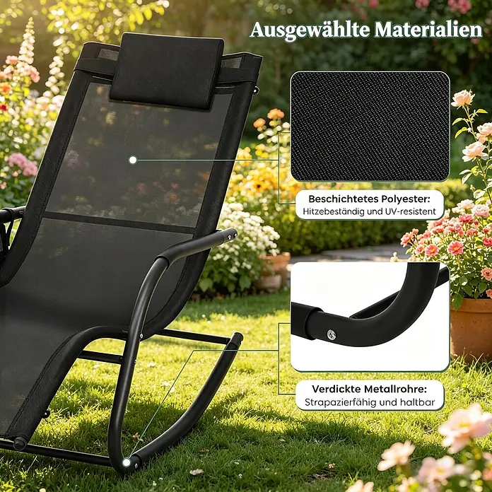 SONNENH Garten-Schaukelstuhl - 1 Stk., Metall, Polyester, Schwarz, B x T x H: 152 x 62 x 83 cm - Schwarzer Outdoor-Schaukelstuhl mit UV-beständigem Polyestergewebe und robustem Metallrahmen im Garten.
