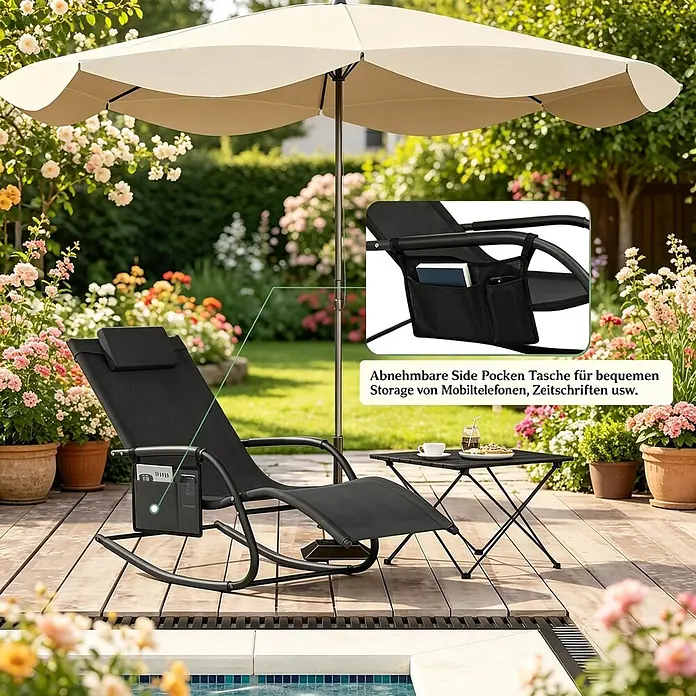 SONNENH Garten-Schaukelstuhl - 1 Stk., Metall, Polyester, Schwarz, B x T x H: 152 x 62 x 83 cm - Schwarzer Schaukel-Liegestuhl mit abnehmbarer Seitentasche für Telefone/Magazine, im Garten.