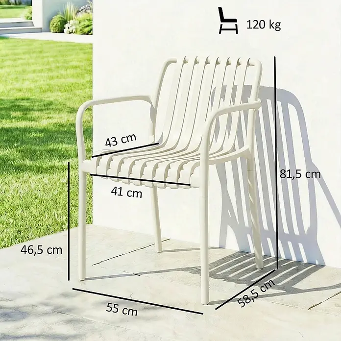 SONNENH Gartenstuhl-Set - 4 Stk., Kunststoff, Stapelbar, Cremeweiß, B x T x H: 58,5 x 55 x 81,5 cm - Cremefarbener Outdoor-Sessel mit Lamellen und Armlehnen, Maße und 120 kg Traglast.