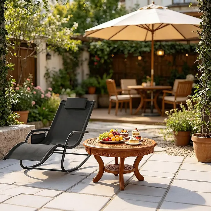 SONNENH Garten-Schaukelstuhl - 1 Stk., Metall, Polyester, Schwarz, B x T x H: 152 x 62 x 83 cm - Schwarzer Schaukel-Liegestuhl und ein geschnitzter Holztisch auf sonniger Terrasse zum Entspannen.