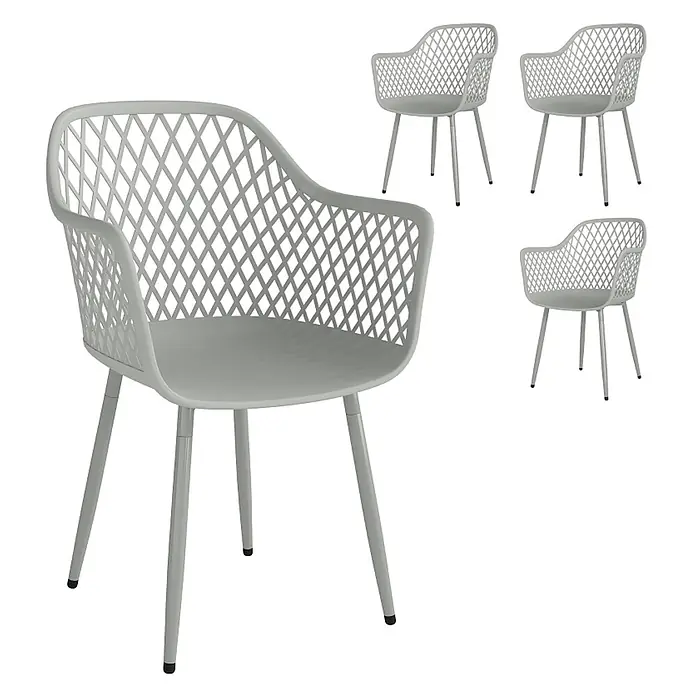 SONNENH Gartenstuhl-Set - 4 Stk., Metall, Grau, B x T x H: 56 x 51 x 84 cm - Vier hellgraue Stühle mit geflochtenen Gitterlehnen, massiven Sitzen und Metallbeinen.