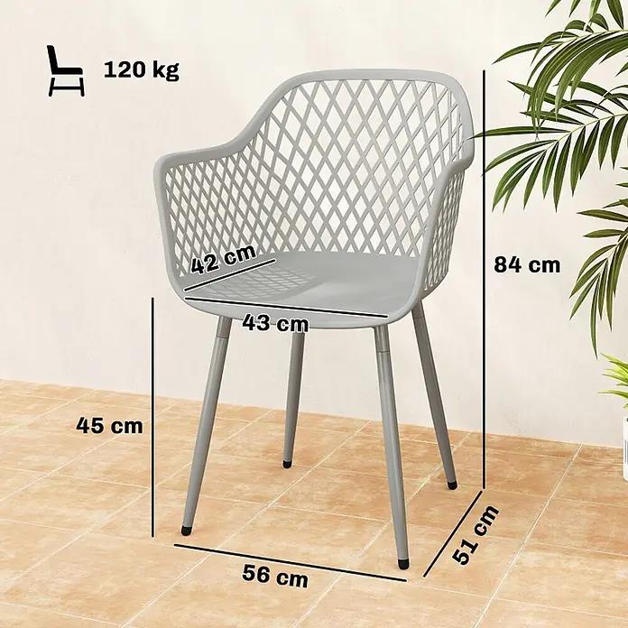 SONNENH Gartenstuhl-Set - 4 Stk., Metall, Grau, B x T x H: 56 x 51 x 84 cm - Grauer Kunststoff-Sessel mit Rautenmuster, Maße (H 84 cm, Sitzh. 45 cm) u. 120 kg Tragkraft.