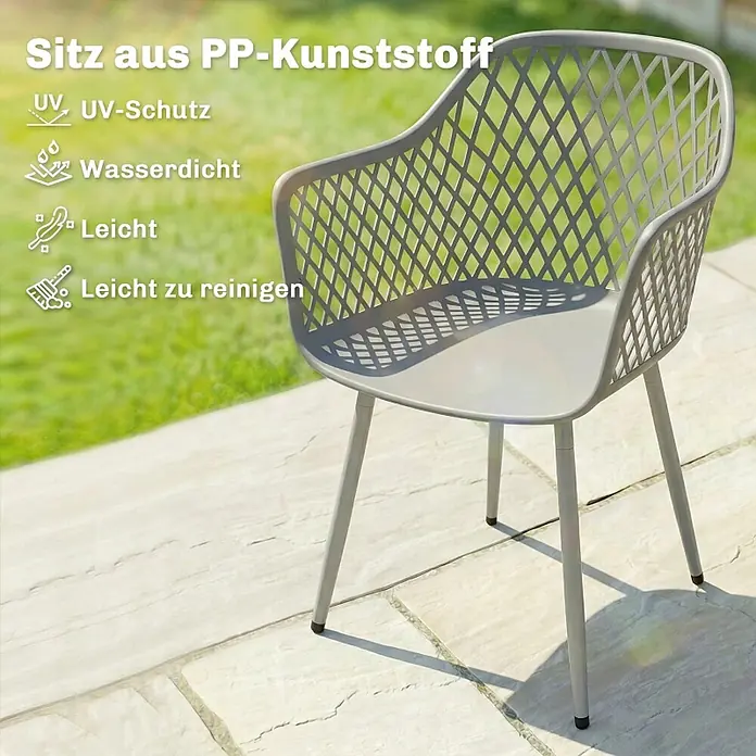 SONNENH Gartenstuhl-Set - 4 Stk., Metall, Grau, B x T x H: 56 x 51 x 84 cm - Grauer Gartenstuhl aus PP-Kunststoff mit gemusterter Rückenlehne und Armlehnen auf einer Terrasse.