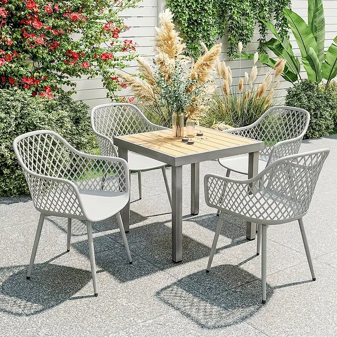 SONNENH Gartenstuhl-Set - 4 Stk., Metall, Grau, B x T x H: 56 x 51 x 84 cm - Graues Outdoor-Essgruppe mit quadratischem Holztisch und vier Stühlen mit Gitterlehne.