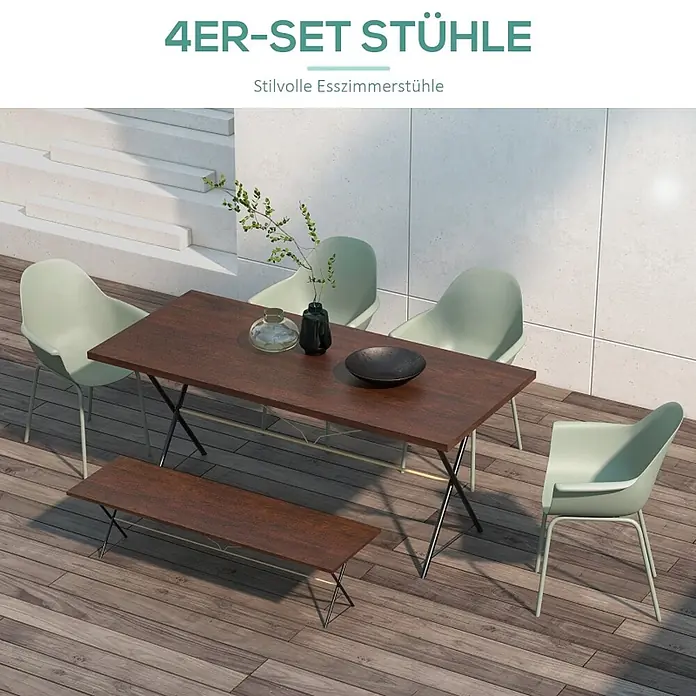 SONNENH Gartenstuhl-Set - 4 Stk., Stahl, Grün, B x T x H: 59 x 55 x 84 cm - Stilvolles Ess-Set mit 4 hellgrünen Stühlen, einem dunklen Holztisch und einer passenden Bank auf einer Holzterrasse.